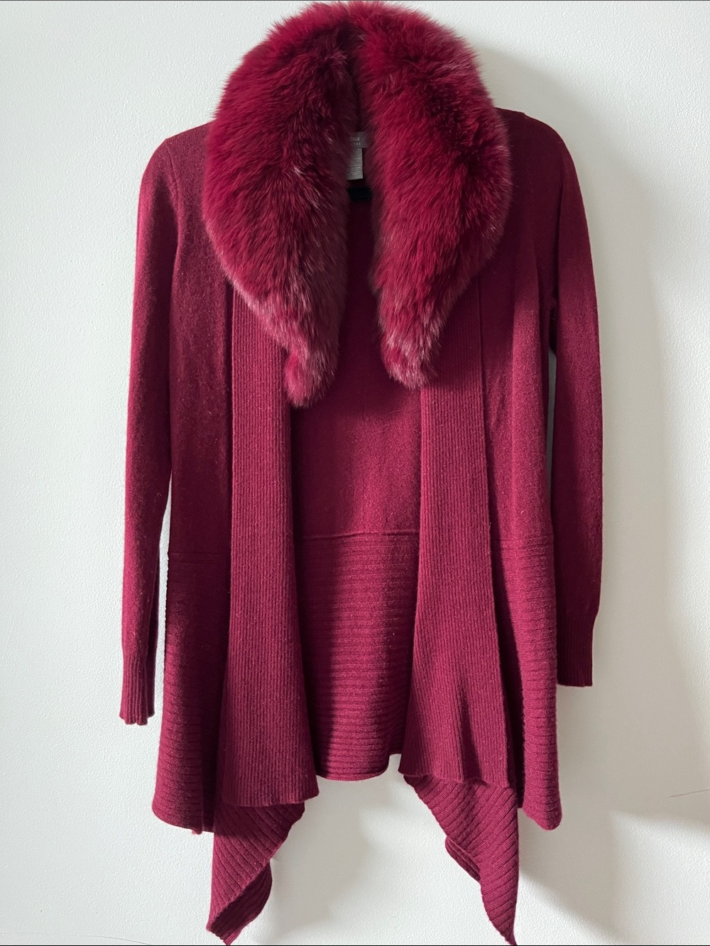Neiman Marcus cashmere fox fur collar cardigan waterfall hem flowy red maroon